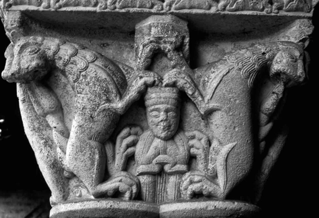 Capital depicting Daniel in the lion’s den, Saint Pierre de Mossac, France